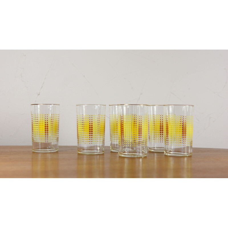 Set of vintage glasses with yellow and orange geometric pattern, 1960