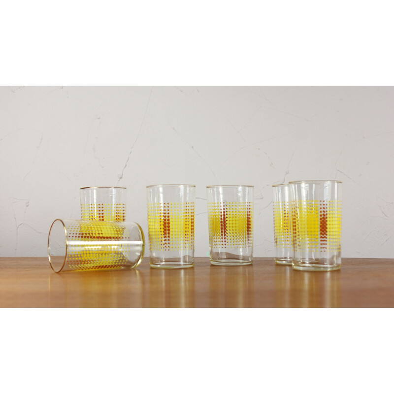 Set of vintage glasses with yellow and orange geometric pattern, 1960