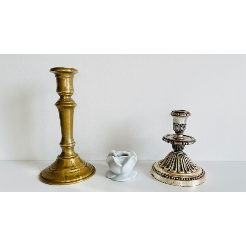 Set of 3 vintage porcelain, brass and silver candlesticks