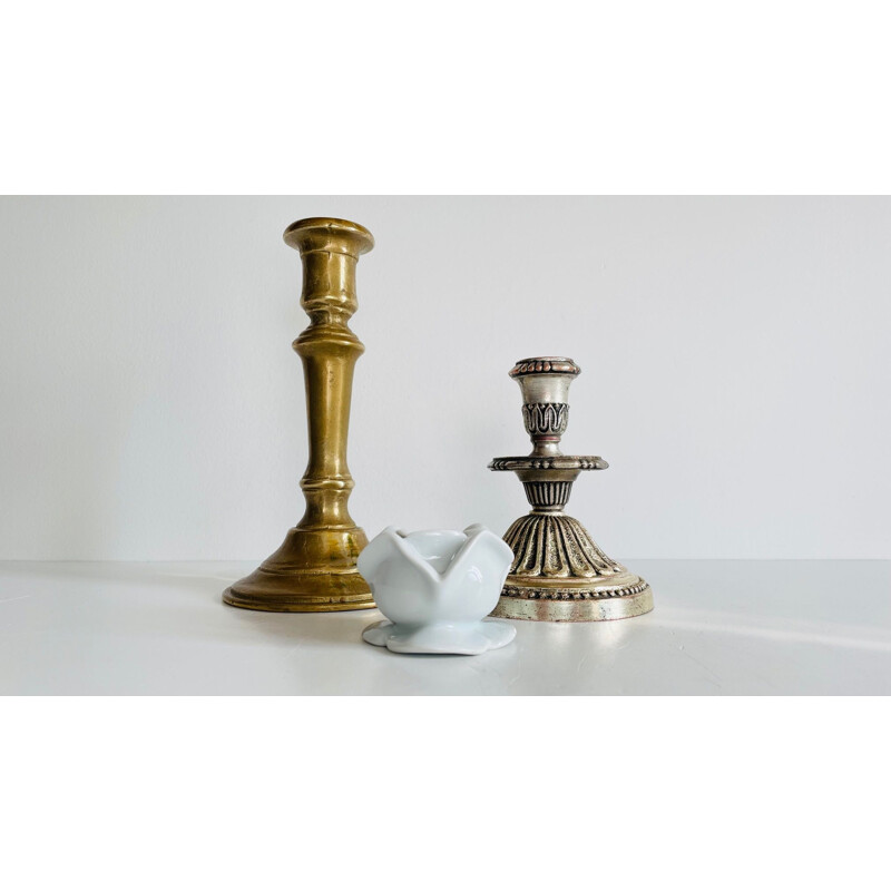 Set of 3 vintage porcelain, brass and silver candlesticks