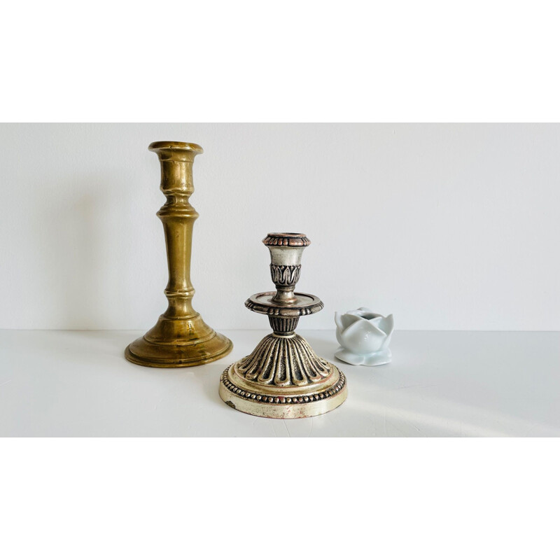 Set of 3 vintage porcelain, brass and silver candlesticks