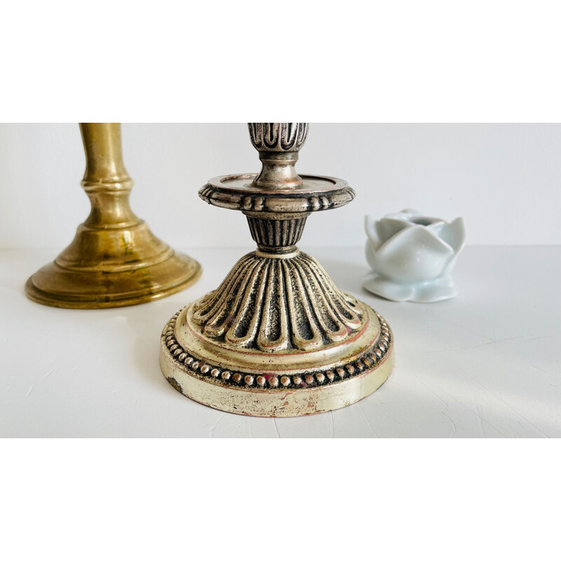 Set of 3 vintage porcelain, brass and silver candlesticks