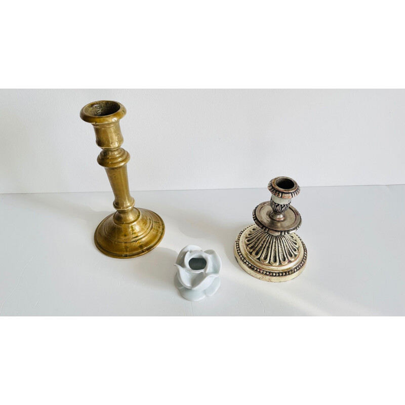 Set of 3 vintage porcelain, brass and silver candlesticks