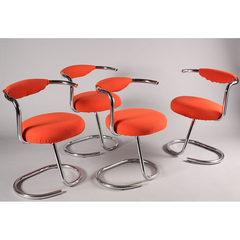 Ensemble de 4 chaises oranges en métal chromé, Giotto STOPPINO - 1970