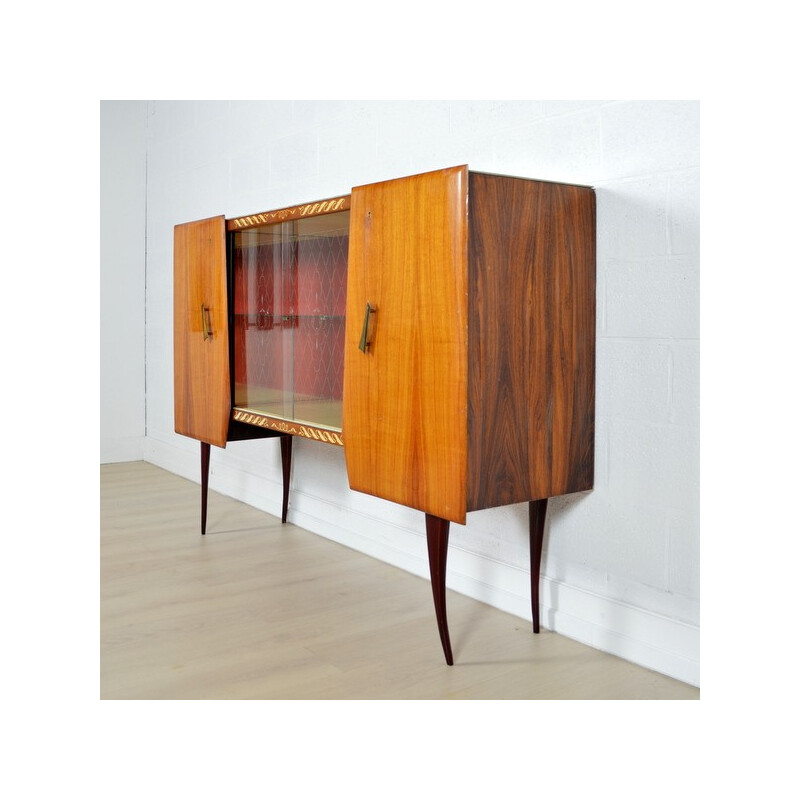 High Italian Bahut cabinet in rosewood and glass - 1950s