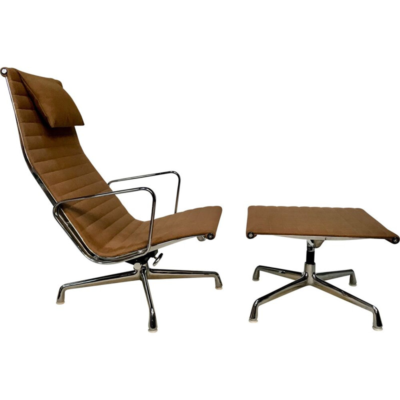 Vintage chromed aluminium armchair & ottoman by Charles & Ray Eames for Vitra, 1970s