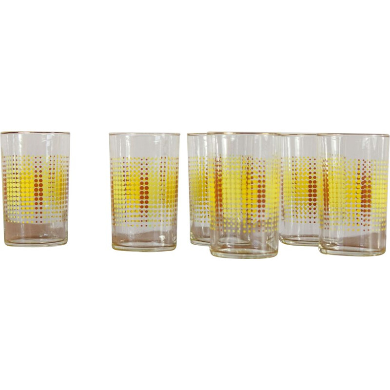 Set of vintage glasses with yellow and orange geometric pattern, 1960