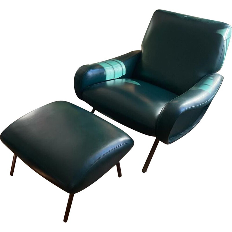 Lady vintage armchair and ottoman in imitation leather by Marco Zanuso, 1950