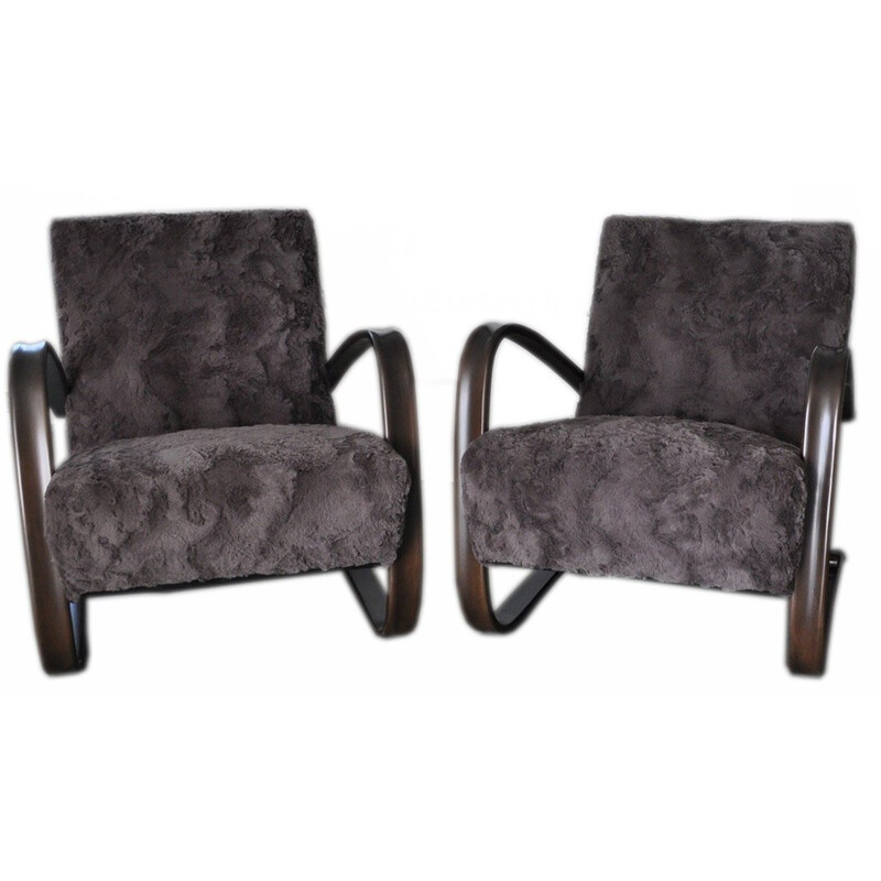 Pair of "H 269" armchairs in faux fur, Jindrich HALABALA - 1930s
