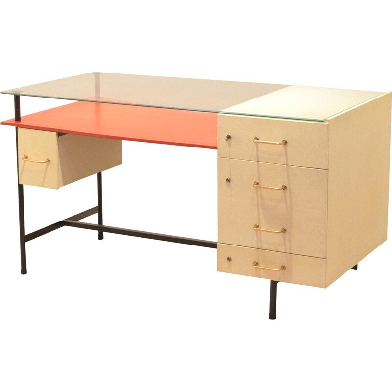 French mid-century desk in solid wood and glass - 1950s