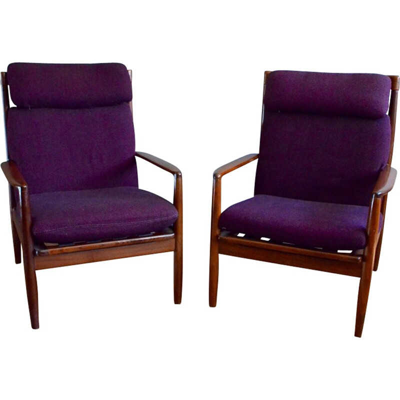 Pair of vintage armchairs in solid teak and fabric, Grete JALK - 1960s