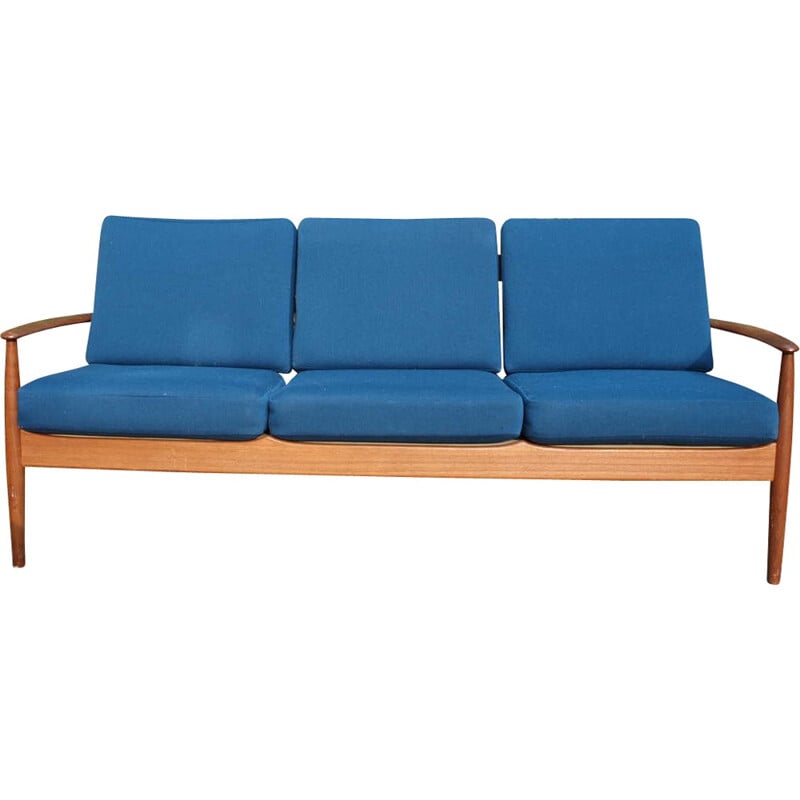 Danish France & Son 3-seater sofa in teak and blue fabric, Grete JALK - 1960s