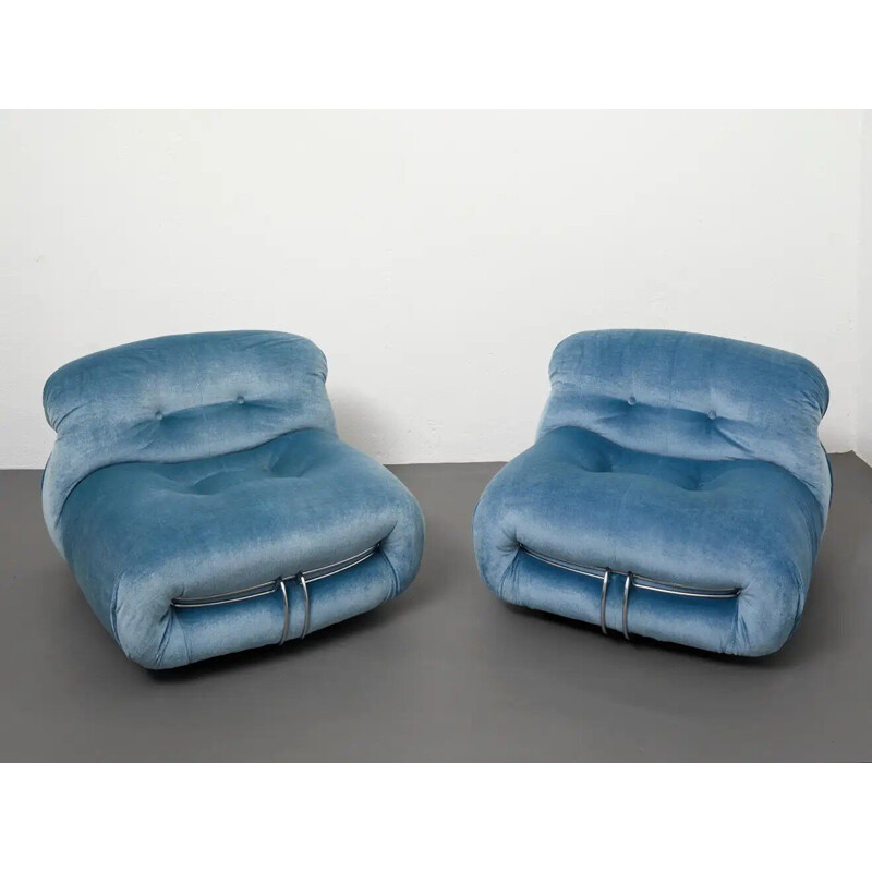 Pair of vintage armchairs in sky blue velvet by Afra & Tobia Scarpa for Cassina, 1970