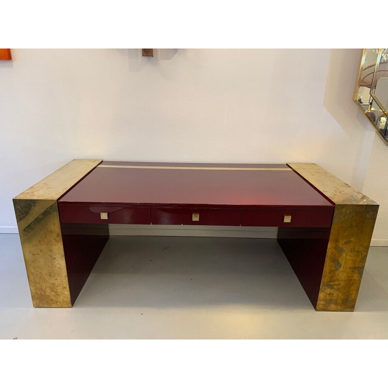 Vintage lacquered wood and brass desk by Jean Claude Mahey, 1970