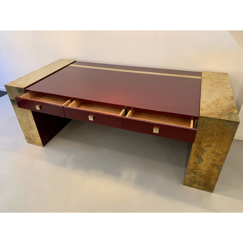 Vintage lacquered wood and brass desk by Jean Claude Mahey, 1970