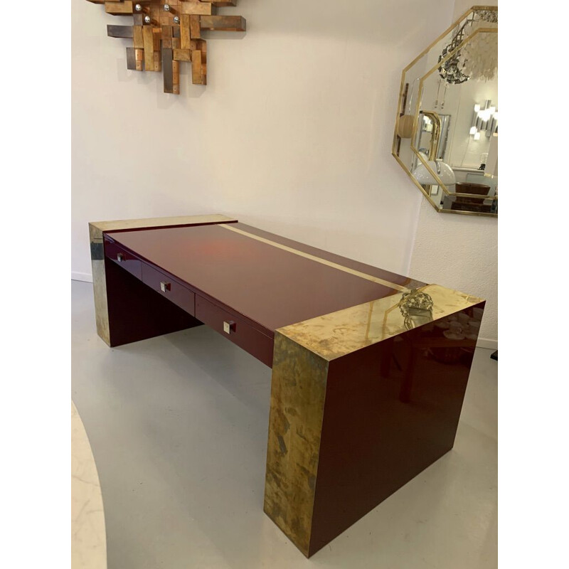 Vintage lacquered wood and brass desk by Jean Claude Mahey, 1970