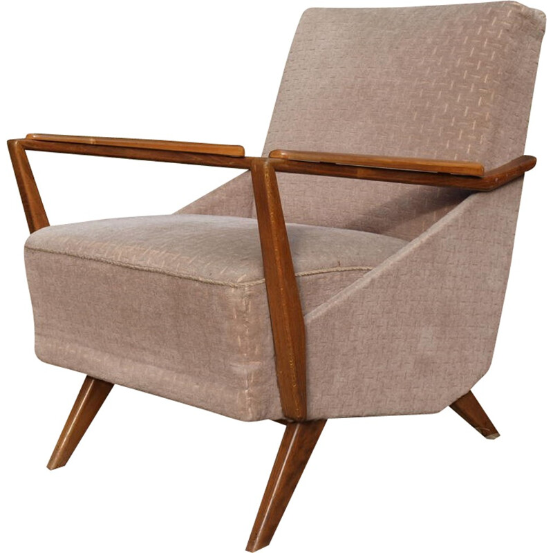 Dusky pink armchair in velvet and wood - 1950s