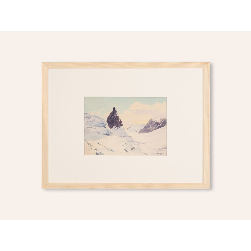 Gouache d'epoca "Montagne" su carta pesante di Walter Ziegler, 1910