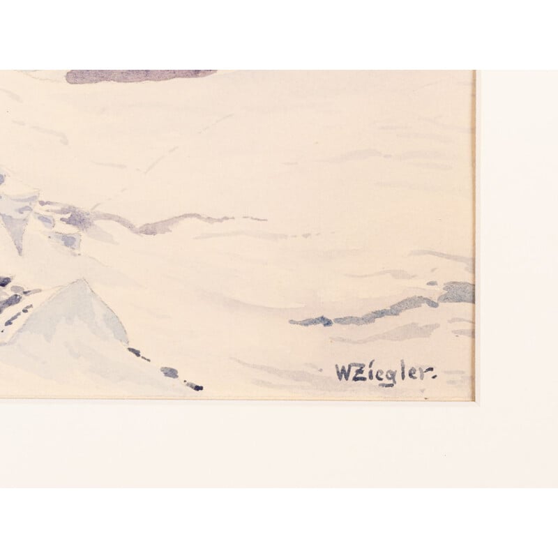 Vintage gouache "Mountains" on heavy paper by Walter Ziegler, 1910