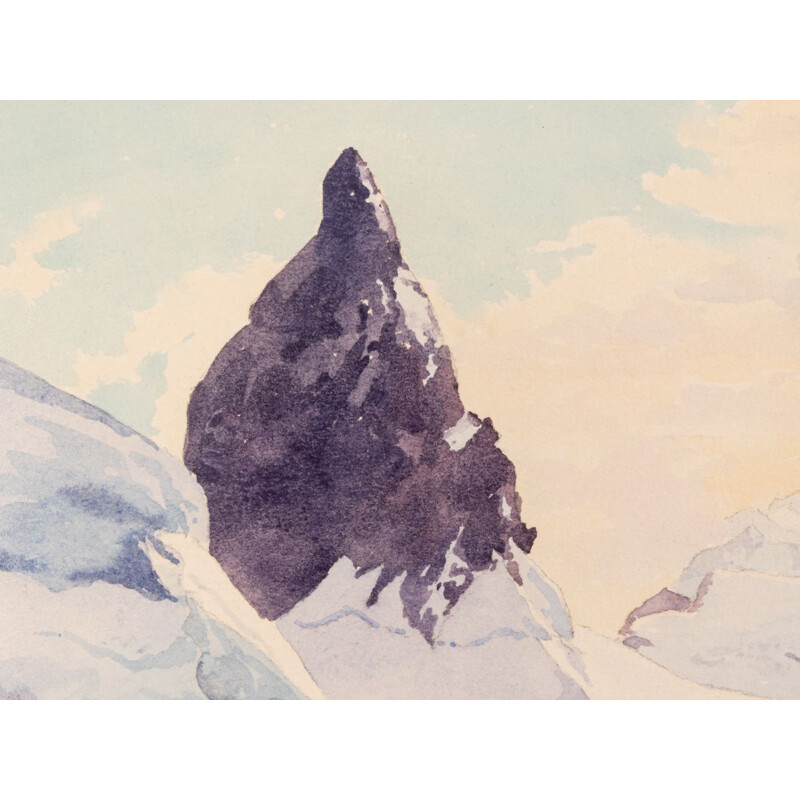 Vintage gouache "Mountains" on heavy paper by Walter Ziegler, 1910