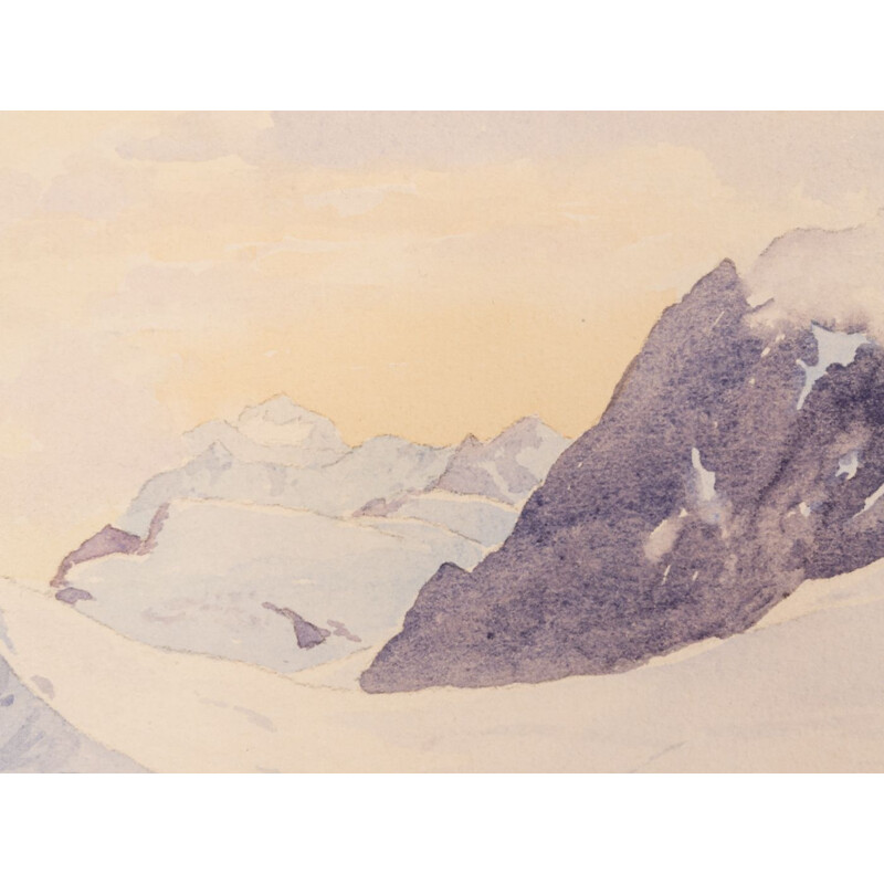 Vintage gouache "Mountains" on heavy paper by Walter Ziegler, 1910