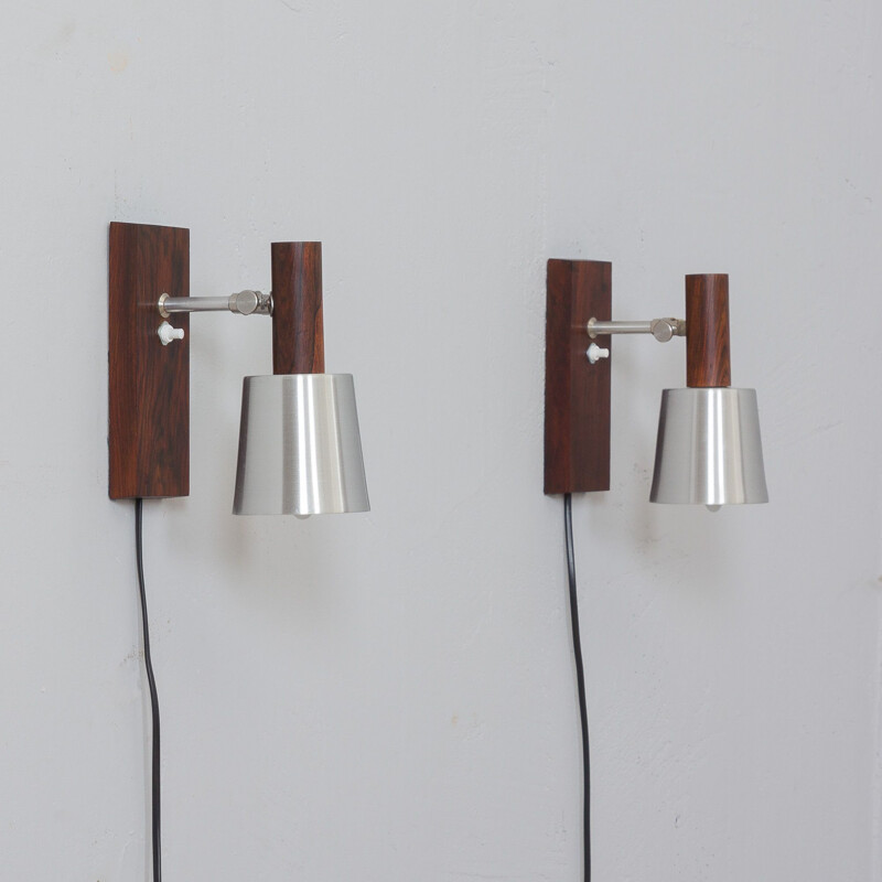 Pair of vintage rosewood wall lamps with aluminium shades by Jo Hammerborg, Denmark 1960s