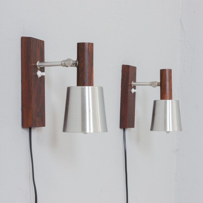 Pair of vintage rosewood wall lamps with aluminium shades by Jo Hammerborg, Denmark 1960s