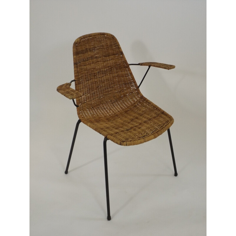 Desk chair with armrests in rattan and metal - 1950s