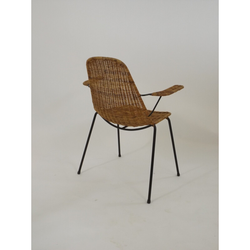 Desk chair with armrests in rattan and metal - 1950s