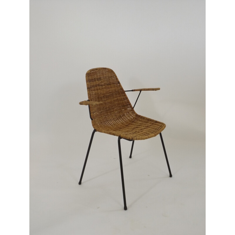 Desk chair with armrests in rattan and metal - 1950s