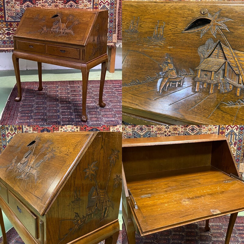 Vintage teak desk with Asian decoration, 1970