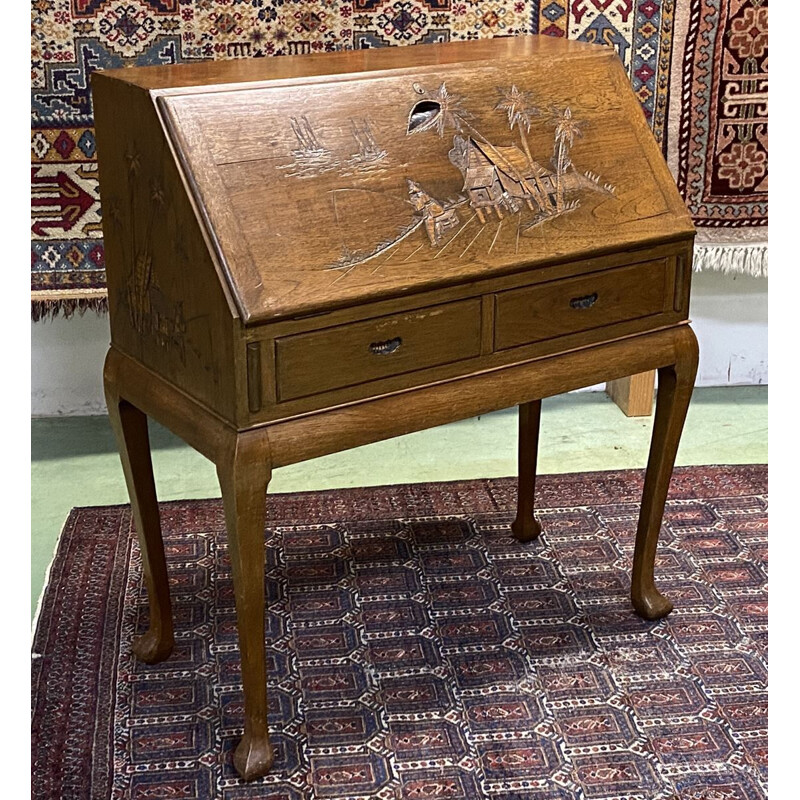 Vintage teak desk with Asian decoration, 1970