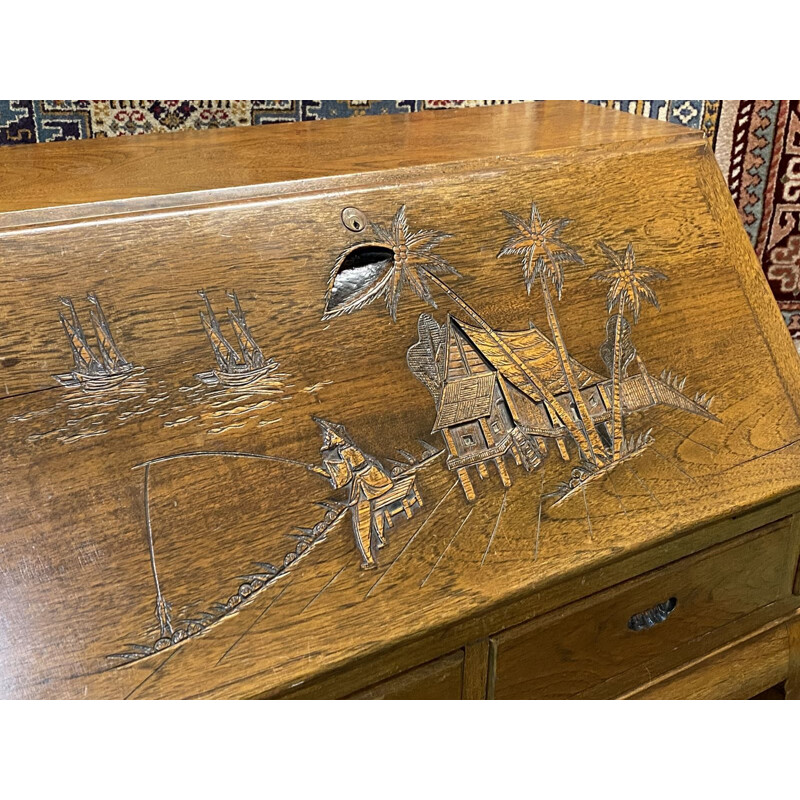 Vintage teak desk with Asian decoration, 1970