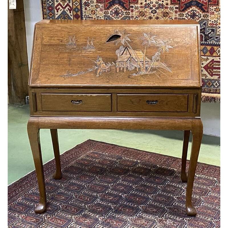 Vintage teak desk with Asian decoration, 1970