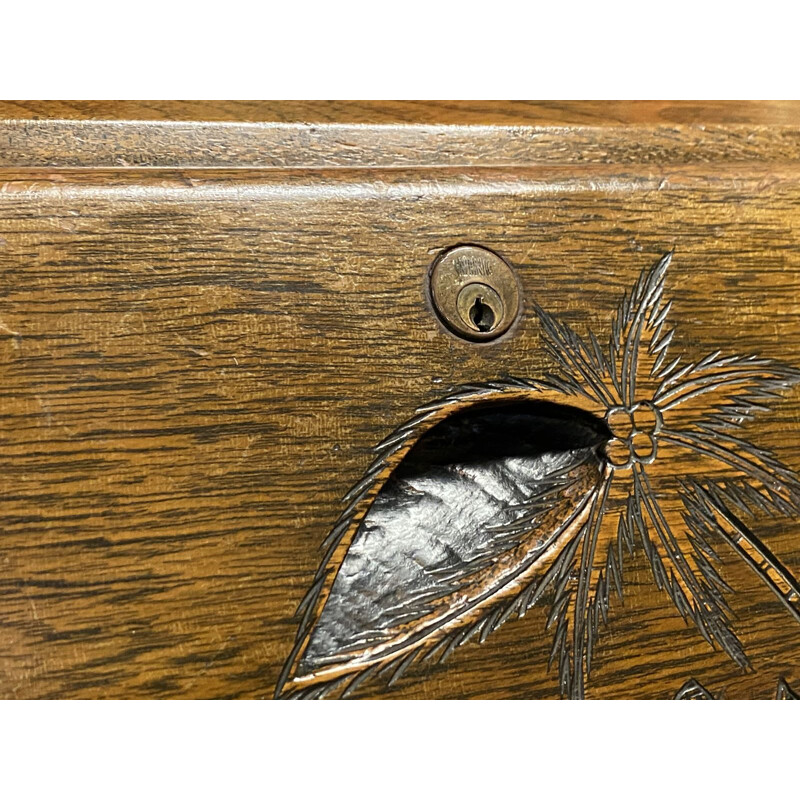 Vintage teak desk with Asian decoration, 1970