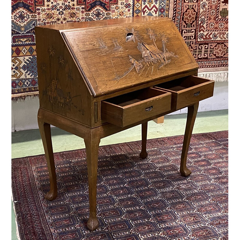 Vintage teak desk with Asian decoration, 1970