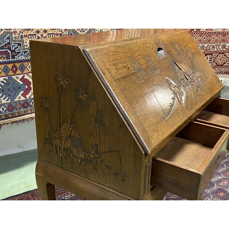 Vintage teak desk with Asian decoration, 1970