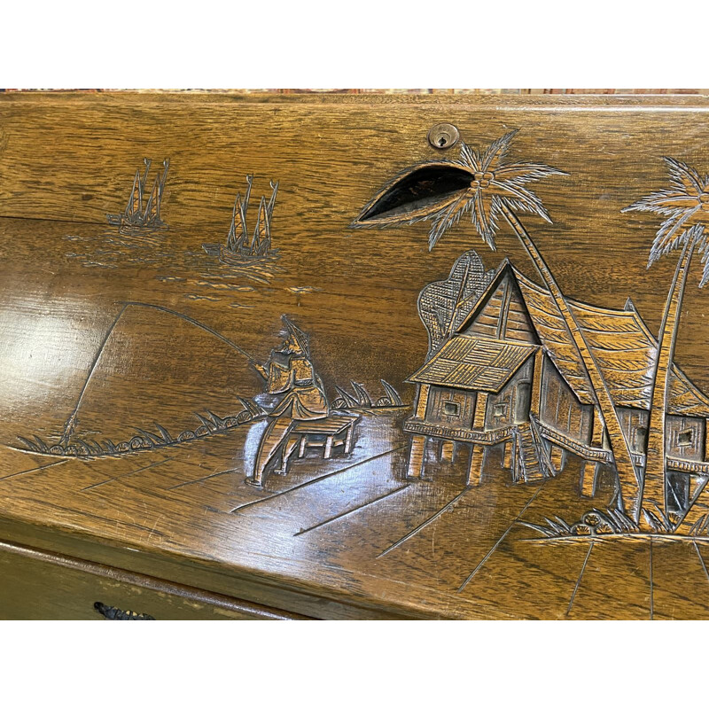 Vintage teak desk with Asian decoration, 1970