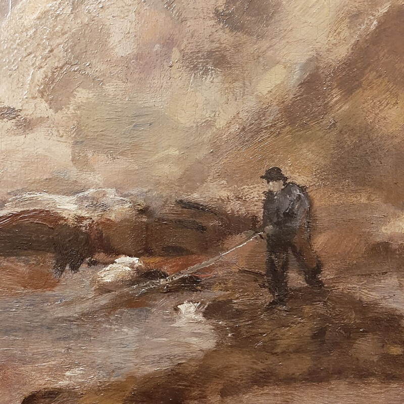 Dipinto d'epoca "Un pescatore al lavoro" di Mogens Vantore, Danimarca 1890
