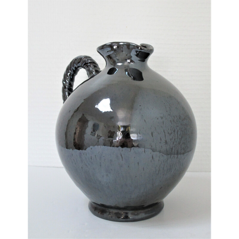 Vintage ceramic pitcher with pearl black glaze by Reinhold Rieckmann