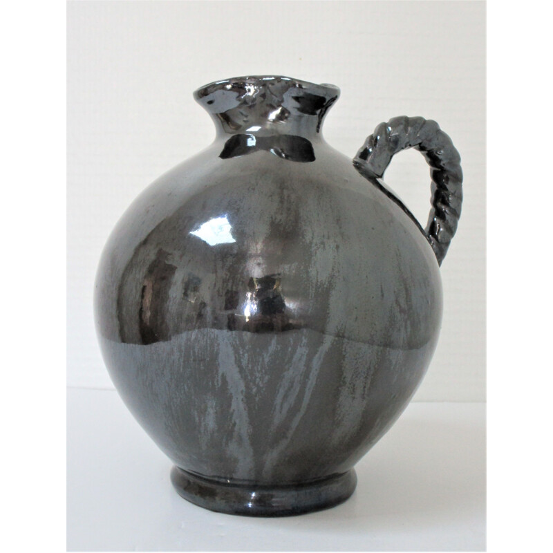 Vintage ceramic pitcher with pearl black glaze by Reinhold Rieckmann