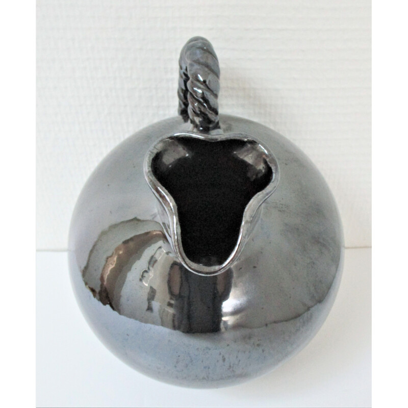 Vintage ceramic pitcher with pearl black glaze by Reinhold Rieckmann