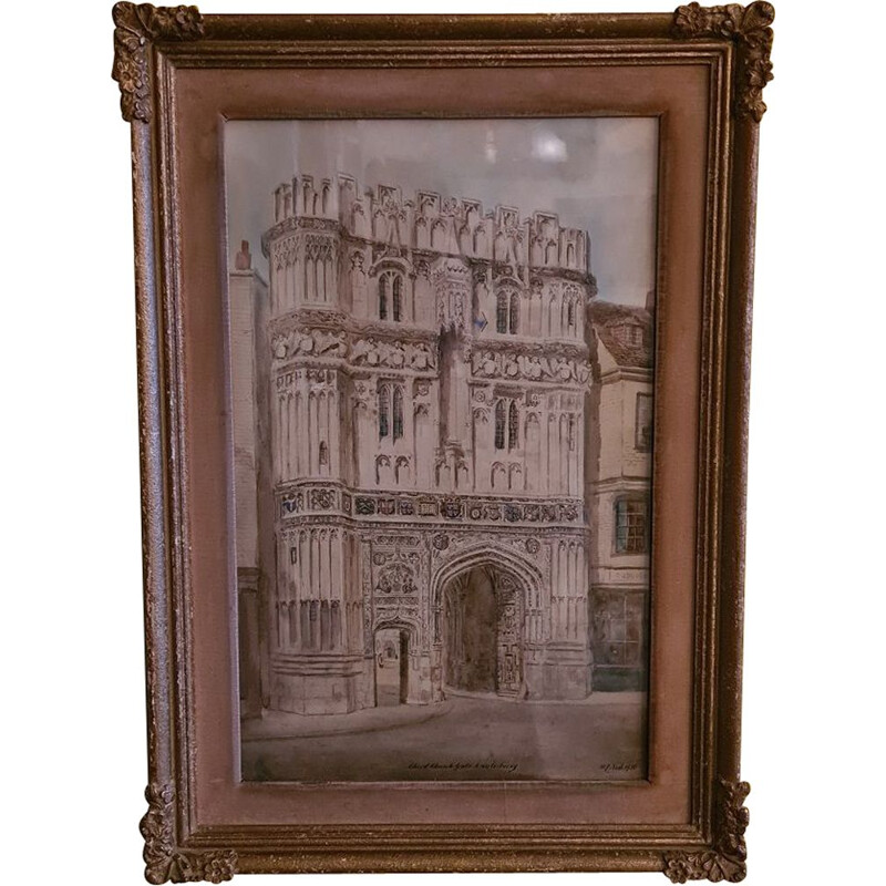 Vintage watercolor "Christ Church Canterbury" by Sj Nash, 1936