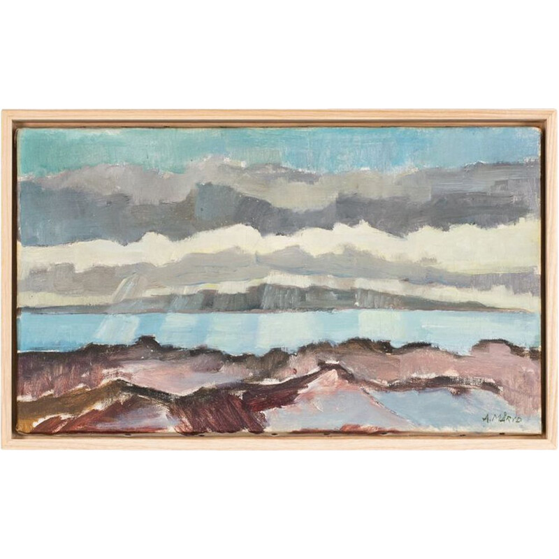 Óleo vintage sobre lienzo "Bahía marina" de Arne Maryd