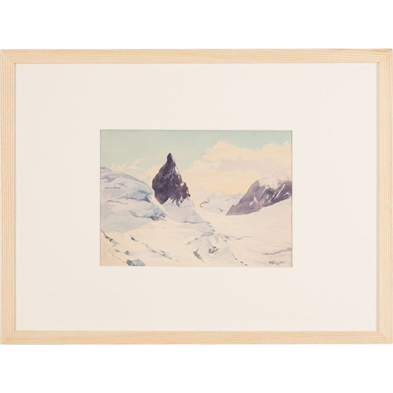 Vintage gouache "Mountains" on heavy paper by Walter Ziegler, 1910