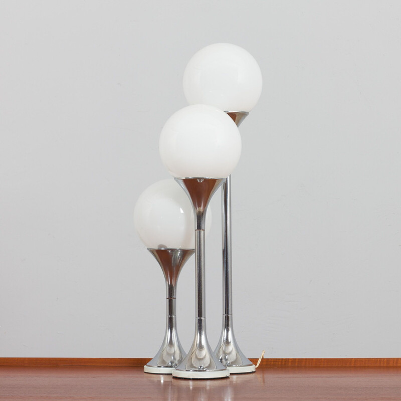 Space age chrome table lamp with 3 white spheres by Targetti Sankey, Italy 1970s