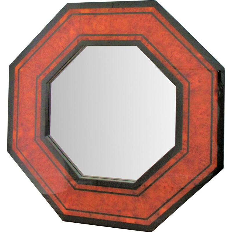 Miroir octogonal vintage loupe de bois par Jean-Claude Mahey