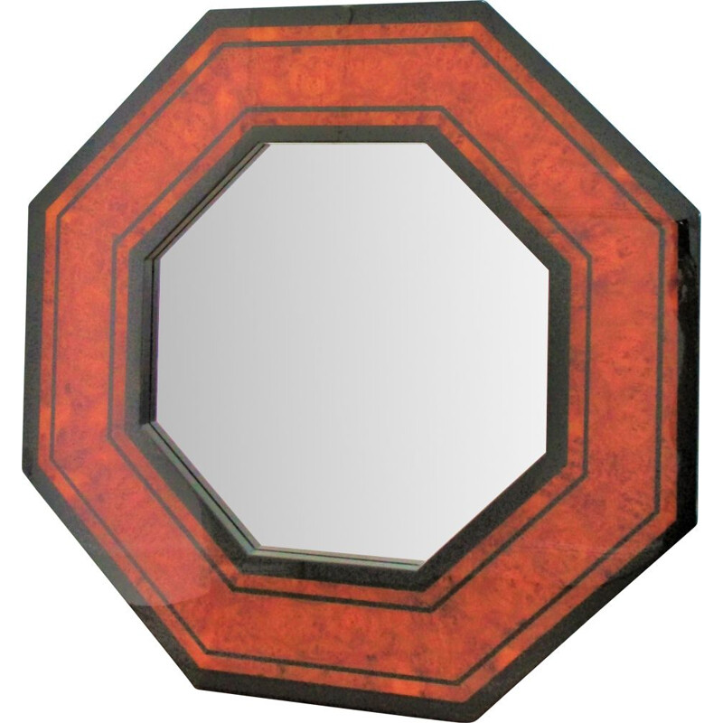 Vintage octagonal burr wood mirror by Jean-Claude Mahey