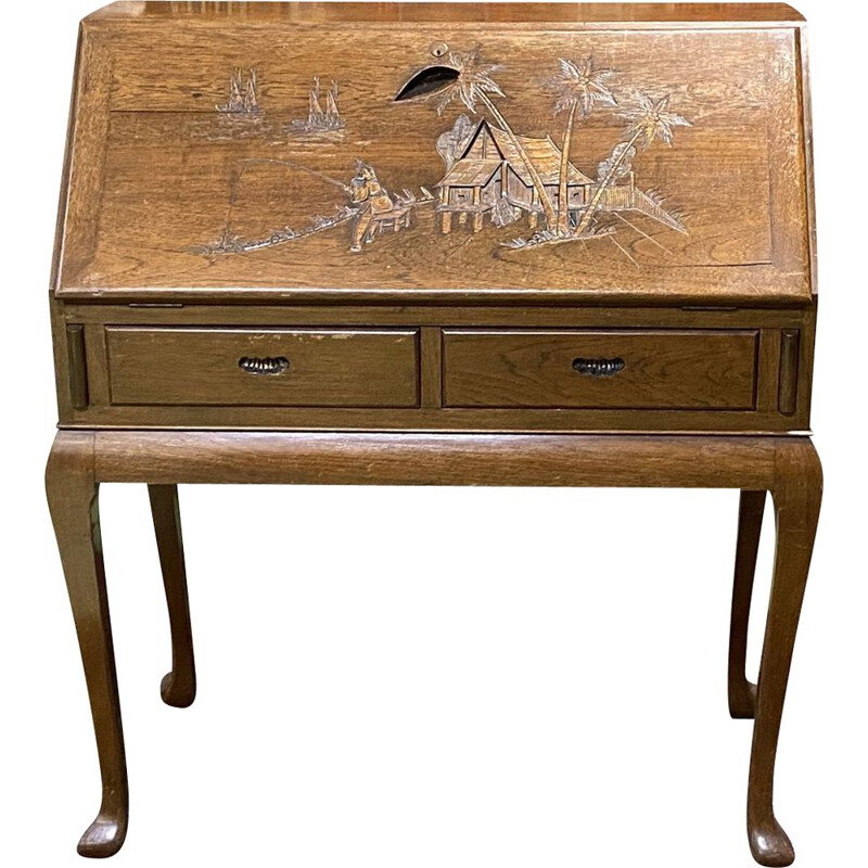 Vintage teak desk with Asian decoration, 1970