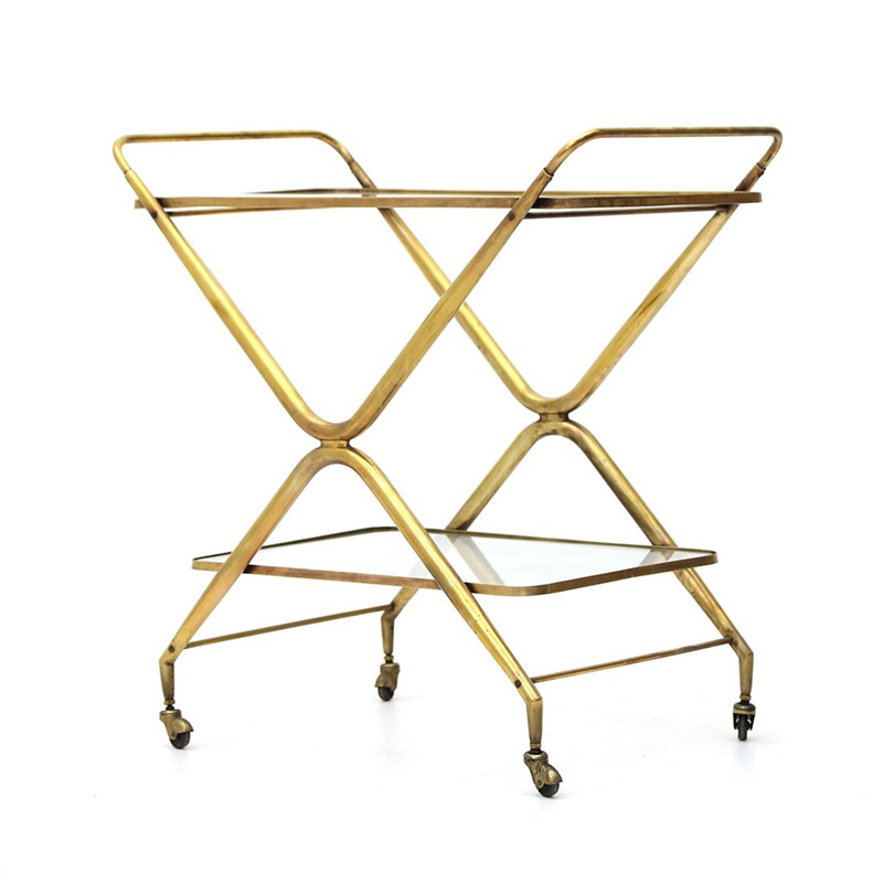 Brass vintage trolley with glass tops, 1950s